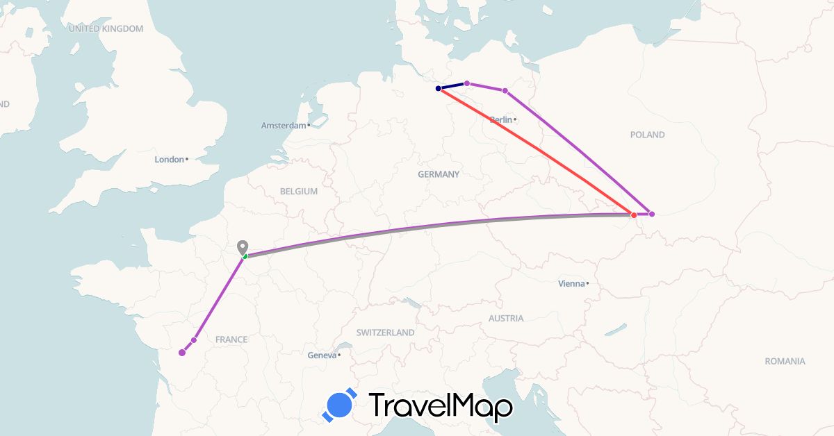 TravelMap itinerary: driving, bus, plane, train, hiking in Germany, France, Poland (Europe)